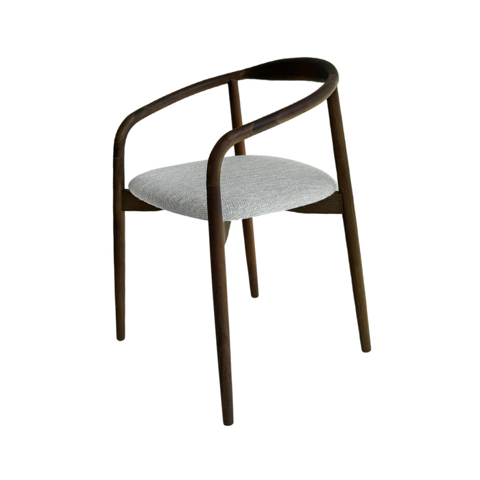 Silla de comedor Ely de acacia nogal con asiento tapizado