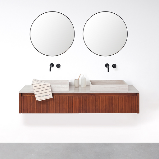 Set Ahun Badkamermeubel in Walnoot met Marcel Bovenplaat en George Wastafel in Beige Marmer.ALT