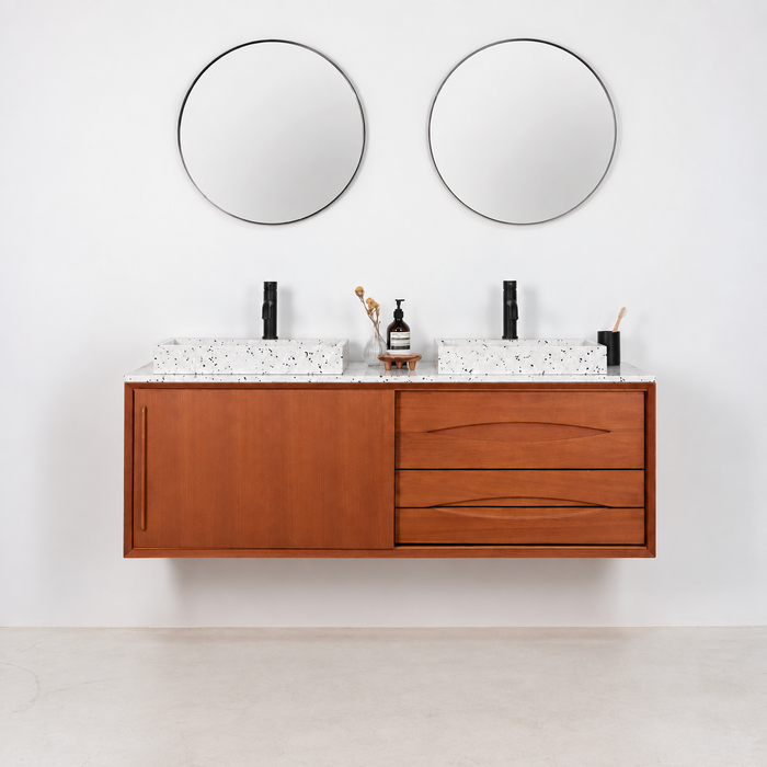 Waschtischunterschrank Bill aus Teak mit Terrazzo-Waschbecken und Waschtischplatte