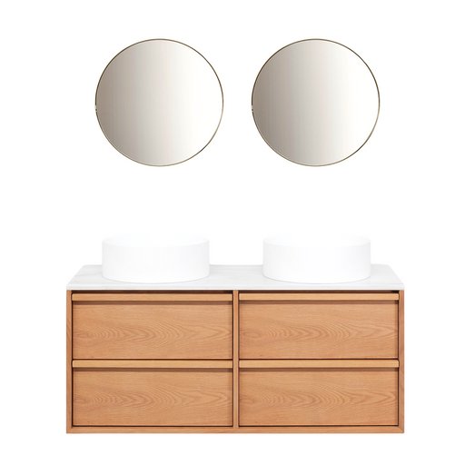 Set Fien Badkamermeubel in Eik met Marcel Bovenplaat in Wit Marmer en Sims Waskom in Solid Surface.