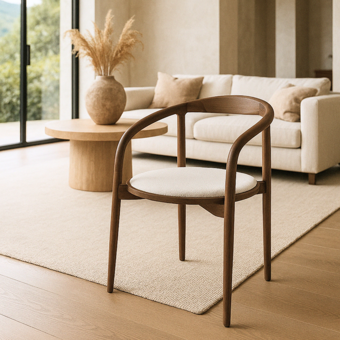 Silla de comedor Ely madera ahumada con asiento redondo tapizado en tela beige/blanco VDF115