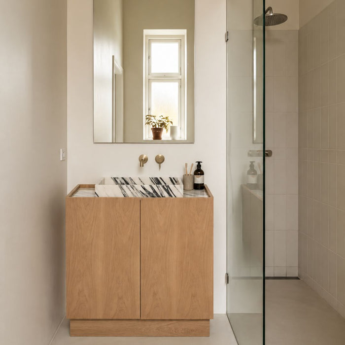 Felix oak bathroom vanity with blue-and-white marble sink 84 cm
