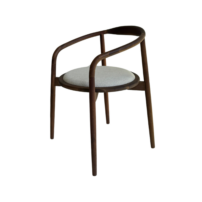 Silla de comedor Ely nogal oscuro madera de acacia con asiento redondo tapizado en tela VDF115