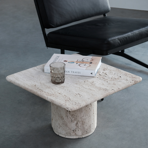 Salontafel wit travertijn vierkante blad lage versie alt