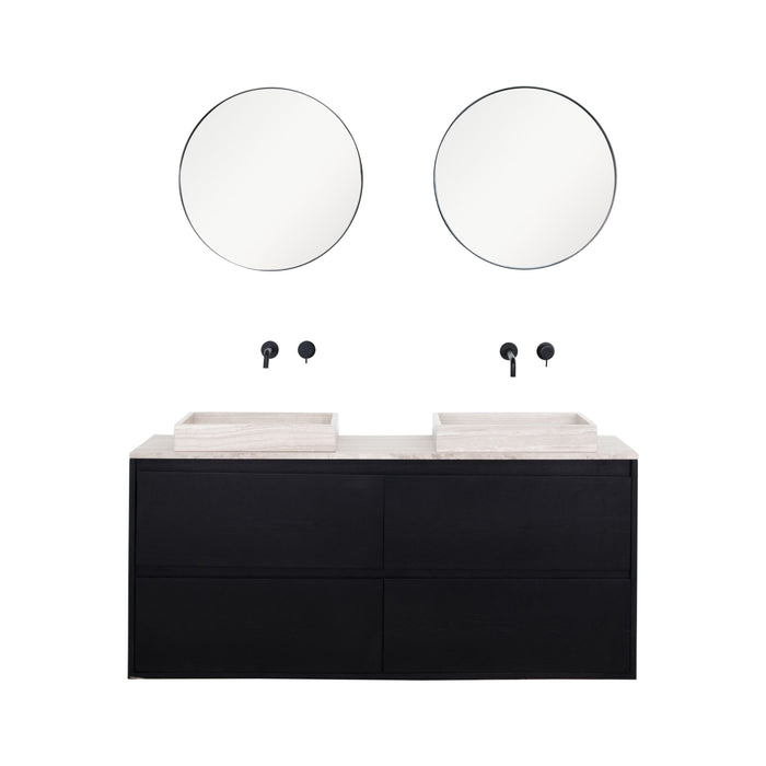 zwevend zwart houten badkamerkast 150cm breed met beige marmeren lavabo's en marmeren meubelblad