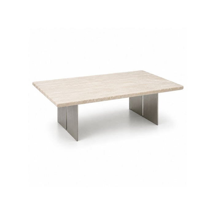 Salontafel Riva - B120 D85 H35 - Geborsteld staal poot - Wit travertin tafelblad  - Gevuld - Satijnen afwerking