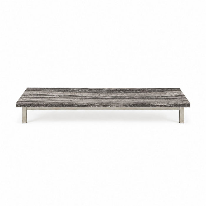 Salontafel Marais B168 D71 H20 - Geborsteld poten - Zilver grijs travertijn - Rechte rand - Gevuld - Satijnen afwerking