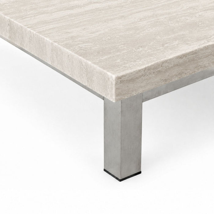 Marais coffee table W168 D71 H20 - Brushed legs - White travertine - Straight edge - Filled - Satin finish