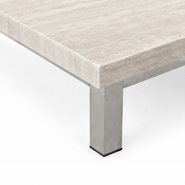 Mesa de centro Marais - A80 P80 H20 - Patas de acero cepillado - Tablero de travertino blanco - Borde recto - Tablero de 5 cm (copia)