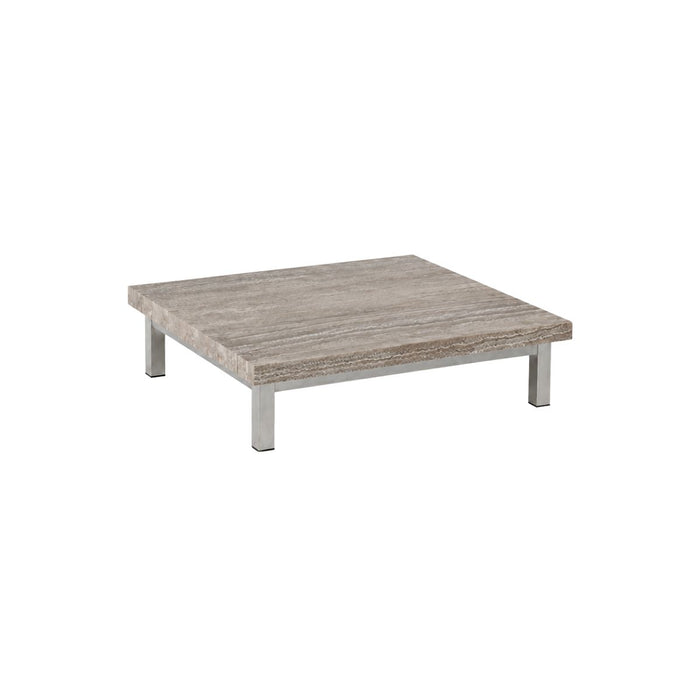 Mesa de centro Marais - B80 D80 H20 - Patas de acero cepillado - Tablero de travertino gris plateado - Borde recto - Tablero de 5 cm