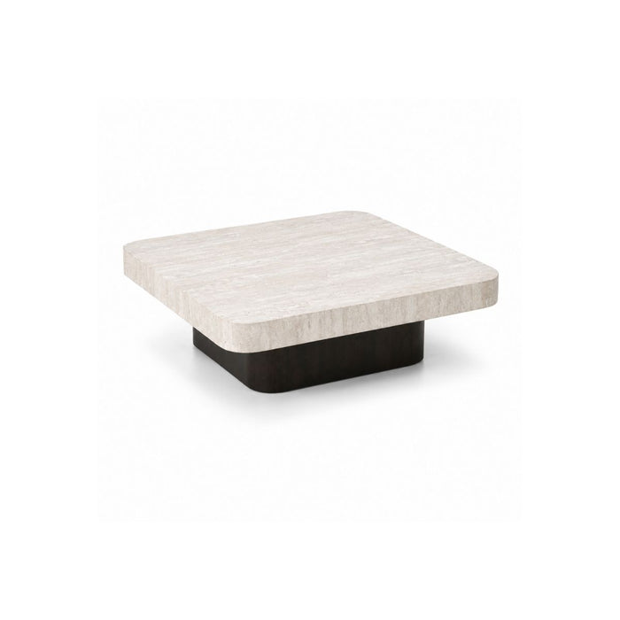 Salontafel Puro B80 D80 H25 - Smoke onderstel - Wit travertijn tafelblad - Dubbele rechte rand