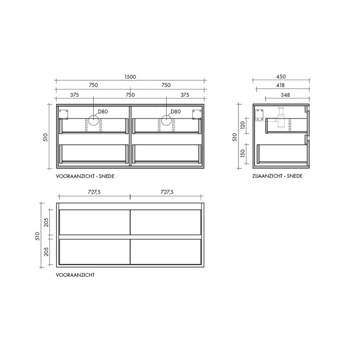 Badkamermeubel Scandinavisch ANN - 150 cm - Eik
