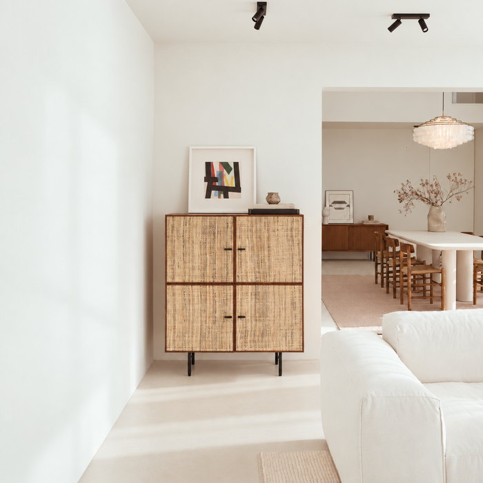 Hohes Sideboard Mark Walnuss mit Raffia-Türen