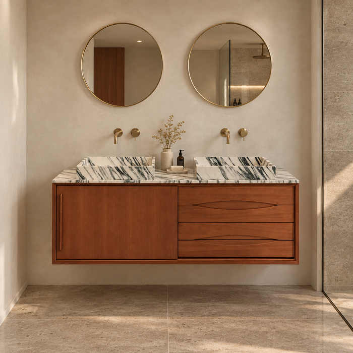 Bathroom vanity Bill teak with blue-and-white marble sink and washboard