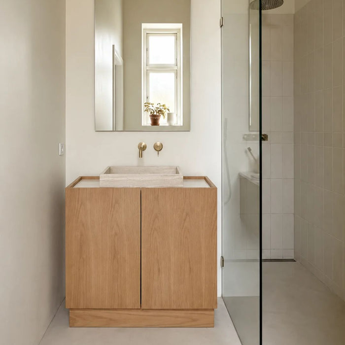 Badezimmermöbel Felix aus Eiche mit Waschbecken aus beigem Marmor George I 84 cm