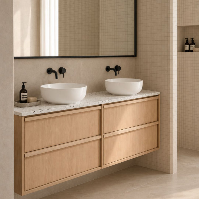 Mueble de baño Fien de roble con lavabo Alexis II y encimera de terrazo blanco 150 cm