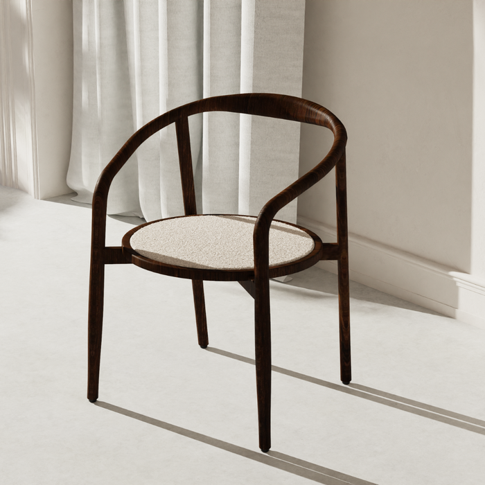 Silla de comedor Ely nogal oscuro madera de acacia con asiento redondo tapizado en tela VDF115