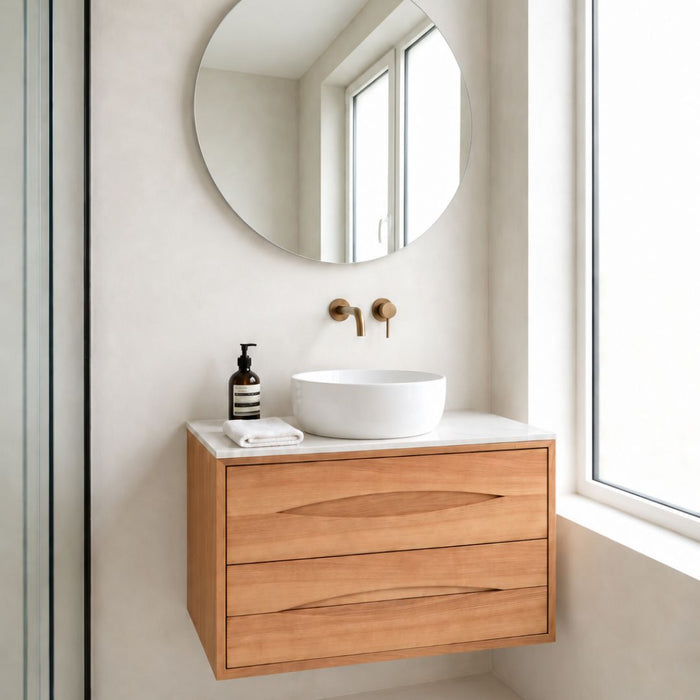 Bill oak bathroom vanity unit with porcelain vessel basin Alexis II and white marble countertop 80 cm