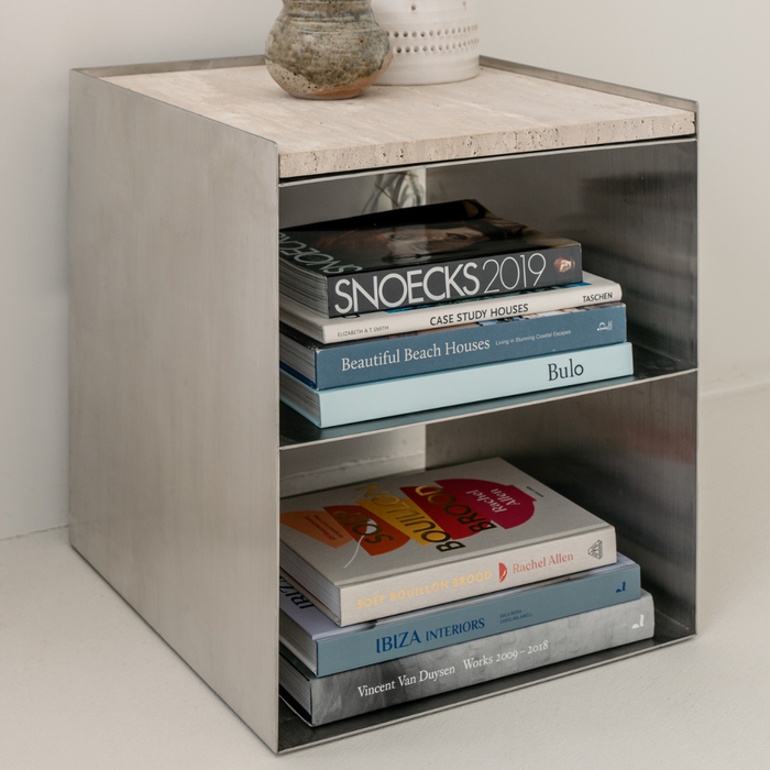 Salontafel Sofia – Wit travertin en chroom: een perfecte combinatie - stainless steel
