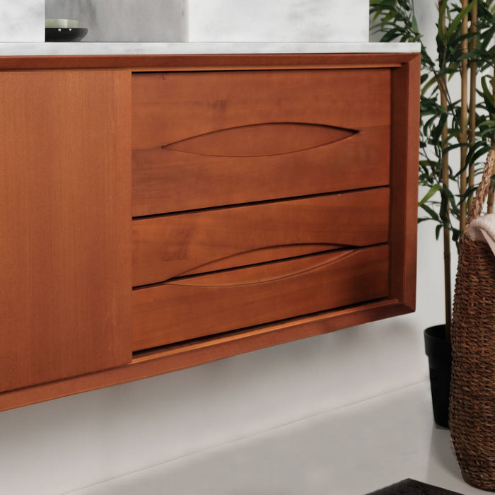 Retro stijl onderbouwkast Bill - Teak - Wit Marmer - Wasbak met kraangat