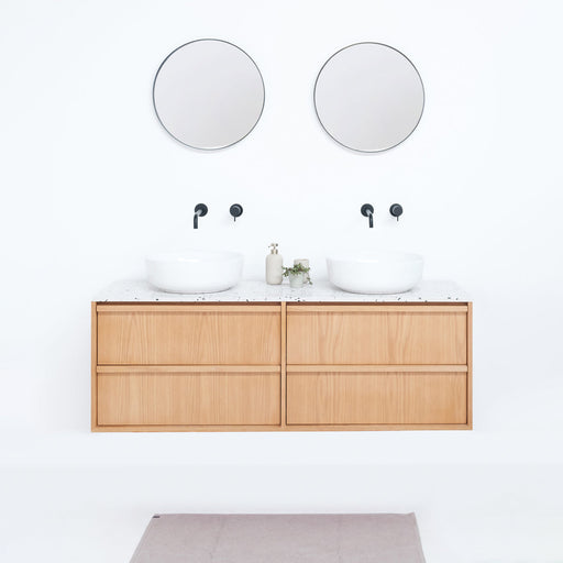 Badkamermeubel Fien - 150 cm - Eikenhout - Met wit terrazzo bovenplaat en Alexis II wastafel