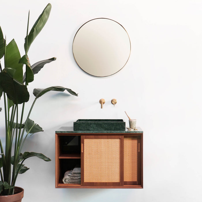 Vintage badkamermeubel nestor rotan teak hout groen marmer lavabo