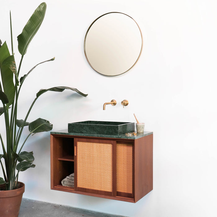 Vintage Badkamerset Nestor 80cm Teak Riet en Groen Marmer