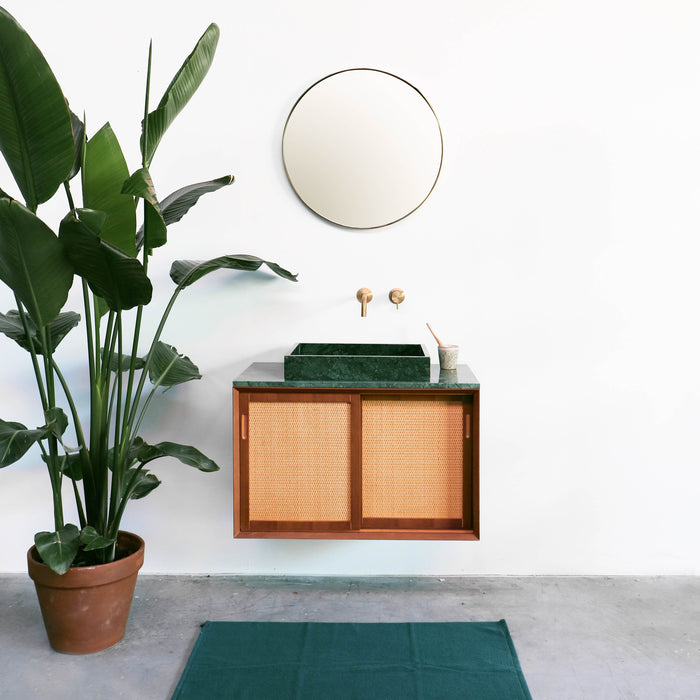 Vintage badmeubel - Groen Marmeren Wastafel - Teak - Rotan - Nestor (80 cm)