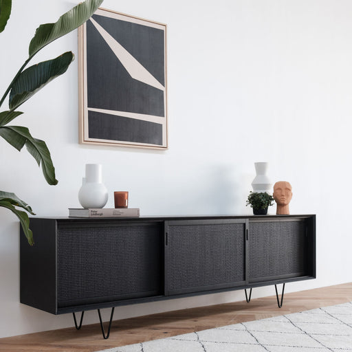 Dressoir zwart hout met rotan 
